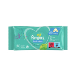 Lingettes Pampers Fresh Clean pour bébés, paquet de 80 pièces, dans un emballage bleu sarcelle avec un motif cœur, les informations produit et les symboles des tests dermatologiques et de la teneur en plastique. Convient pour le nettoyage des mains et du visage de bébé. Dakar