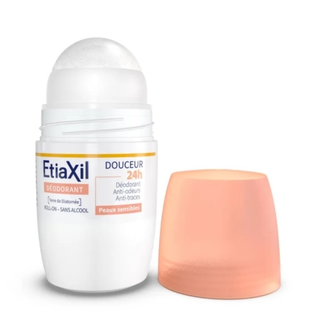 Un déodorant blanc Etiaxil Anti-transpirant Protection 48h Roll-on Peau Sensible 50ml avec un bouchon transparent, conçu pour les peaux sensibles, offre une protection de 48 heures et est sans alcool. Dakar