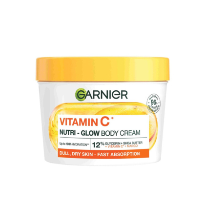 Le contenant de 380 ml de Garnier Body SuperFood Crème pour le Corps Éclat à la Vitamine C, pour les peaux ternes et sèches, avec du beurre de karité, de la glycérine et de la mangue, s'absorbe rapidement et est doté d'un couvercle jaune-orange. Dakar