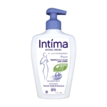 Un flacon blanc de 200ml d'Intima Gel Intime Quotidien Pure Peaux Sensibles Sans Parfum, fabriqué en France, avec une pompe bleue, hypoallergénique pour les peaux sensibles et mettant en valeur "97% d'ingrédients d'origine naturelle". Dakar