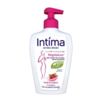 Un flacon blanc d'Intima Soin Lavant Intime Quotidien Peaux Sensibles Sans Parfum 200 ml avec une pompe rose, avec une étiquette verte 97% naturelle et un contour d'une figure féminine sur le devant. Dakar