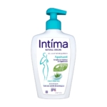 Un flacon pompe blanc d'Intima Soin Lavant Intime Quotidien Apaisant 200 ml avec de l'aloe vera, du texte et des graphiques bleus et verts, et un étiquetage en français sur le devant. Dakar