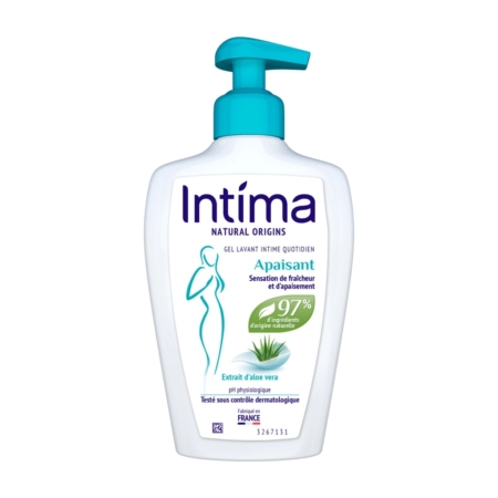Un flacon pompe blanc d'Intima Soin Lavant Intime Quotidien Apaisant 200 ml avec de l'aloe vera, du texte et des graphiques bleus et verts, et un étiquetage en français sur le devant. Dakar