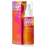 Un flacon et un coffret de 100 ml de Love to Love Huile de Massage Gourmande Et Chauffante Vanille avec un emballage rose, orange et jaune, un texte blanc et or, et un distributeur à pompe blanc. Dakar