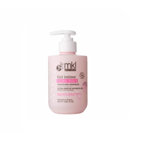 Un flacon rose de MKL Gel Intime Ultra Doux Bio, 200 ml, avec un distributeur à pompe blanc, comporte des textes en français et en anglais ainsi que des accents floraux sur l'étiquette, offrant un soin ultra-doux pour l'hygiène intime. Dakar