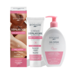 Découvrez Byphasse Duo Soin Intime Douceur : un tube de crème dépilatoire blanc et rose et un flacon pompe de gel intime assorti, tous deux avec des étiquettes en français et en anglais pour un soin complet du corps. Dakar