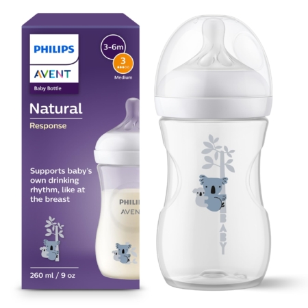 Le Philips AVENT Natural Response Biberon Motif Koala Blanc (1 MOIS) 260 ml est présenté à côté de sa boîte, mettant en avant son design koala, sa fonction Natural Response et son adaptation aux bébés à partir de 1 mois. Dakar