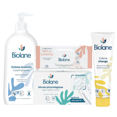 Le Kit Bébé de Biolane : Mon Pack Hygiène contient quatre produits essentiels - crème nettoyante nourrissante, lingettes nettoyantes, sérum physiologique et crème pour le change - dans un emballage blanc rehaussé de bleu, d'orange et de vert pastel. Dakar