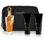 Le Coffret Prestige Pour Elle de Mauboussin comprend une pochette noire, un flacon de parfum or et transparent, et deux produits pour le corps Pour Elle de 100 ml dans d'élégants tubes noirs. Dakar