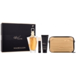 Le coffret cadeau Mauboussin Coffret Prestige Pour Elle comprend un flacon de parfum, un tube, un rouge à lèvres et une trousse de maquillage dorée, le tout présenté à côté d'une boîte noire et dorée étiquetée « Mauboussin Elixir Pour Elle ». Dakar