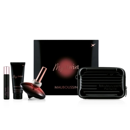 Le coffret prestige My Twist de Mauboussin Parfums comprend un parfum, une lotion pour le corps, un spray de voyage et une élégante trousse de maquillage noire, le tout dans une élégante boîte noire arborant « My Twist Mauboussin Parfums » aux accents roses et dorés. Dakar