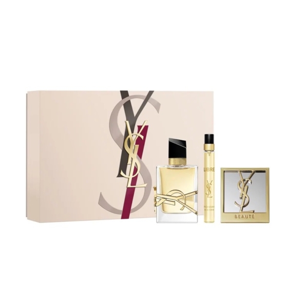 Coffret Cadeau pour Femme Yves Saint Laurent Libre : comprend une boîte beige de marque, un flacon de parfum, un vaporisateur de voyage et un miroir compact doré, tous arborant le logo emblématique YSL pour un cadeau élégant. Dakar