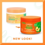 Deux pots de Crème Réparatrice Hydratante Sans Rinçage à l’Avocat CANTU de 340 ml sont présentés. L'un arbore le design orange et blanc classique, l'autre une étiquette verte vibrante avec l'inscription « NOUVEAU LOOK ! ». Adoptez la transformation avec leur emballage repensé !. Dakar
