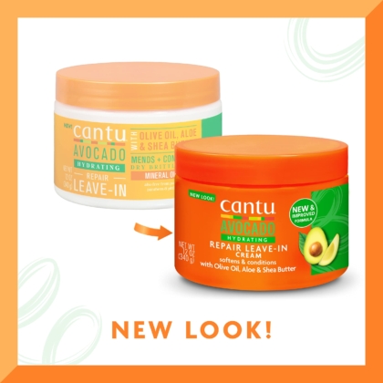 Deux pots de Crème Réparatrice Hydratante Sans Rinçage à l’Avocat CANTU de 340 ml sont présentés. L'un arbore le design orange et blanc classique, l'autre une étiquette verte vibrante avec l'inscription « NOUVEAU LOOK ! ». Adoptez la transformation avec leur emballage repensé !. Dakar