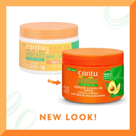 Deux pots de Crème Réparatrice Hydratante Sans Rinçage à l’Avocat CANTU de 340 ml sont présentés. L'un arbore le design orange et blanc classique, l'autre une étiquette verte vibrante avec l'inscription « NOUVEAU LOOK ! ». Adoptez la transformation avec leur emballage repensé !. Dakar