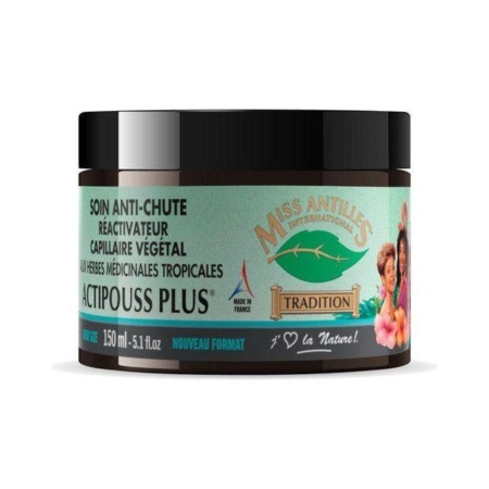 Miss Antilles Soin Anti Chute Actipouss Plus 150 ml arbore une étiquette verte à motifs floraux et combine les bienfaits d'Activilong Crème Anti. Ce soin capillaire de 150 ml combat la chute des cheveux, favorise leur croissance et arbore un texte en français pour plus d'élégance. Dakar