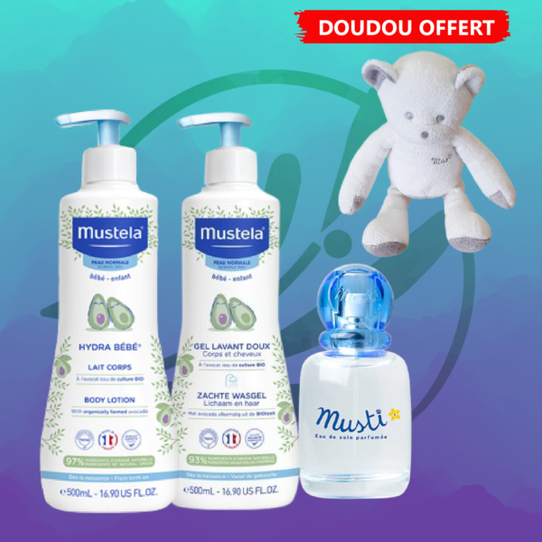 Deux bouteilles de Mustela Kit Soins Bain et Hydratation pour Bébé, un parfum Musti et un petit ours en peluche gris sont présentés sur un fond dégradé bleu-vert. Une étiquette rouge en haut à droite indique "DOUDOU OFFERT". Dakar