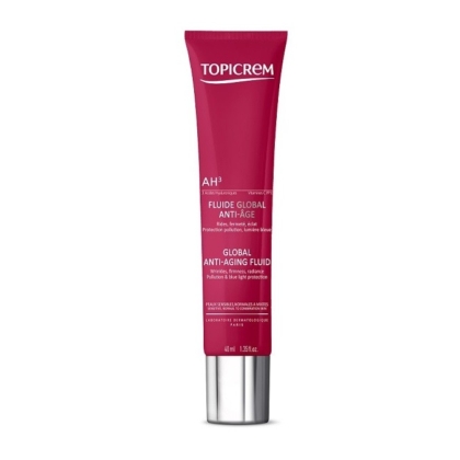 Un tube rouge de Topicrem AH3 Fluide Global Éclat Anti-Âge 40 ml avec un texte blanc se tient debout sur un fond blanc. Dakar