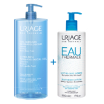 Image du Duo Lait à L'Eau Thermale + Gel Douche Uriage : un Gel Dermatologique Extra-Riche de 1 L avec pompe bleue à côté d'un Lait Corps Soyeux de 500 ml avec pompe bleue, tous deux dans un élégant packaging bleu et blanc. Dakar