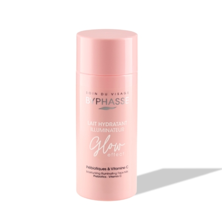 Un flacon rose de « Byphasse Lait Hydratant Illuminateur Effet Glow Visage » de 150 ml est posé à la verticale sur un fond blanc, projetant une ombre grise et douce. Dakar