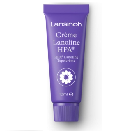 Tube de 10 ml de Lansinoh Pommade à Lanoline pour Mamelons, de couleur violette avec un texte blanc et un motif floral sur le devant. Dakar