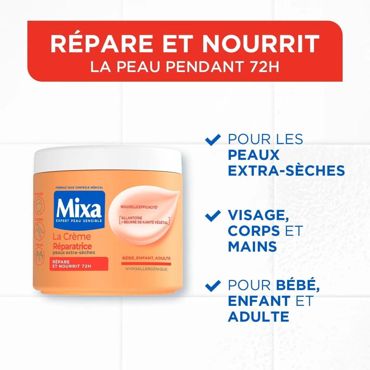 Mixa Crème Hydratante Réparatrice 72H au Beurre de Karité Peau Extra Sèches 400 ml – Image 2
