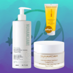 L'image présente le coffret Nuhanciam Trio de Soins Anti Taches - Anti Age sur fond bleu, comprenant un flacon de 500 ml de lait corporel anti-taches, un tube "Gel Douche 200 ml OFFERT" et un pot de soin repulpant et unifiant pour le visage et le cou. Dakar
