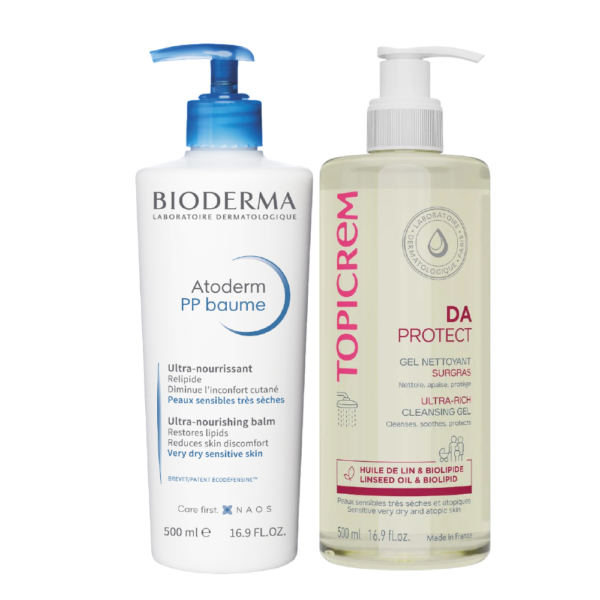 Le Pack Duo Bioderma Et Topicrem Anti-Grattage Anti-Irritation Eczéma Sans Parfum comprend deux flacons de 500 ml pour peaux très sensibles : Atoderm PP Baume et DA Protect Gel Nettoyant, tous deux sans parfum. Dakar