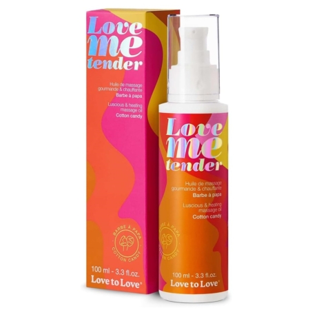 Un flacon de 100 ml (3.3 fl. oz) de Love To Love Huile de Massage Gourmande Et Chauffante Barbe à Papa, dans une boîte colorée rose, orange et jaune - une délicieuse huile de massage chauffante parfumée à la barbe à papa par Love To Love. Dakar