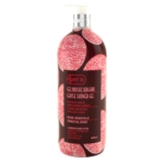 Le flacon de 1 litre de gel douche gommant HT26 WAX « Rose Orientale » est muni d'un distributeur à pompe et orné d'une étiquette décorative à motifs floraux rouges et blancs. Dakar