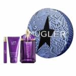 Le coffret Alien Coffret Cadeau Pour Femme de Mugler comprend une boîte ronde bleue et noire, un flacon de parfum violet, une lotion pour le corps violette assortie et un petit vaporisateur de voyage violet. Dakar