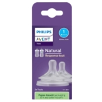 L'emballage de Philips AVENT Lot de 2 Tétines Natural Débit 1 Nouveau Né 0 MOIS présente deux tétines en silicone transparent dans une boîte violette, des détails d'emballage écologiques, une étiquette 0% BPA, et contient deux tétines. Dakar