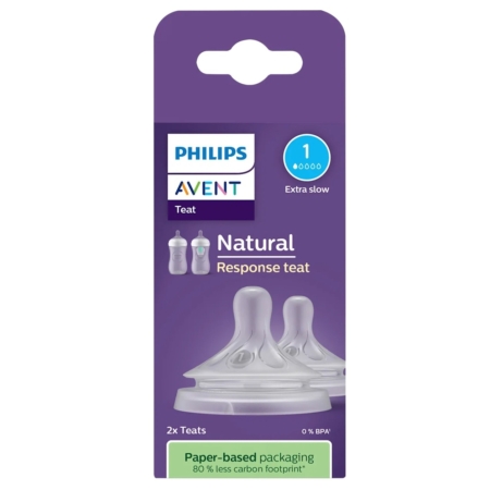 L'emballage de Philips AVENT Lot de 2 Tétines Natural Débit 1 Nouveau Né 0 MOIS présente deux tétines en silicone transparent dans une boîte violette, des détails d'emballage écologiques, une étiquette 0% BPA, et contient deux tétines. Dakar