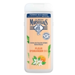 Vue de face d'une bouteille de 650 ml de la Crème de Douche Extra Douce Fleur d'Oranger BIO du Petit Marseillais. L'étiquette blanche et orange présente des fleurs, des feuilles, une orange et des symboles de recyclage écologique. Dakar