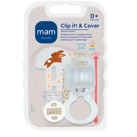 Mam Lot de 2 Sangles à Tétine Clip It & Cover Longueur Réglable Lavable pour bébés dès 0+, avec motif lapin et pattes sur le clip. Livrées en étui plastique transparent, ces attaches sont pratiques et faciles à nettoyer. Dakar