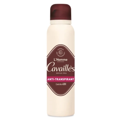 Aérosol beige et marron de Cavaillès L'Homme Déodorant Anti Transpirant 48H Spray 150ml, portant le nom du produit, "ANTI-TRANSPIRANT" en rose, et "Contrôle 48H" sur l'étiquette frontale. Dakar