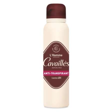 Aérosol beige et marron de Cavaillès L'Homme Déodorant Anti Transpirant 48H Spray 150ml, portant le nom du produit, "ANTI-TRANSPIRANT" en rose, et "Contrôle 48H" sur l'étiquette frontale. Dakar