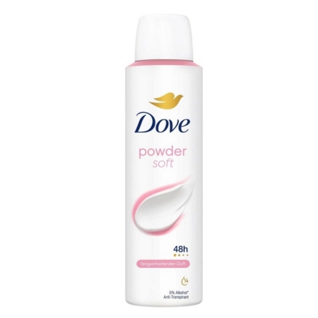 Une boîte blanche Dove Anti Transpirant Deospray Soft Feel Sans Alcool de 150 ml avec des accents roses, le symbole de la colombe dorée, un design tourbillonnant, le logo Dove, offrant une protection de 48 heures et 0 % d'alcool. Dakar
