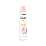 Une boîte blanche de 150 ml de Dove Anti Transpirant Deospray Soft Feel Sans Alcool avec un bouchon rose, des accents dorés et roses sur l'étiquette, et une image blanche de crème tourbillonnante sur le devant. Dakar