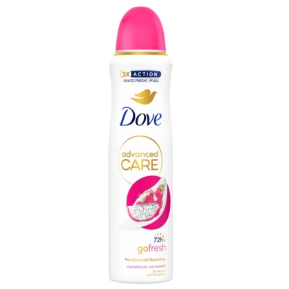 Une bombe aérosol blanche de DOVE Déodorant antisudorifique en spray Go Fresh Grenade et verveine citronnée 150 ml avec un bouchon rose, présentant une image de grenade et offrant une protection de 72 heures. Dakar
