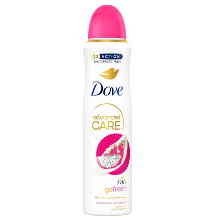 Une bombe aérosol blanche de DOVE Déodorant antisudorifique en spray Go Fresh Grenade et verveine citronnée 150 ml avec un bouchon rose, présentant une image de grenade et offrant une protection de 72 heures. Dakar