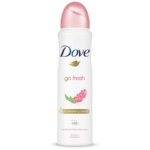 Un flacon blanc DOVE Déodorant antisudorifique en spray Go Fresh Grenade et verveine citronnée 150 ml avec un bouchon rose présente de la grenade, des feuilles et met en valeur « crème hydratante » et « protection 48h » sur l'étiquette. Dakar