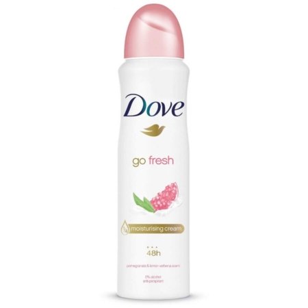 Un flacon blanc DOVE Déodorant antisudorifique en spray Go Fresh Grenade et verveine citronnée 150 ml avec un bouchon rose présente de la grenade, des feuilles et met en valeur « crème hydratante » et « protection 48h » sur l'étiquette. Dakar