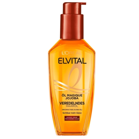 Un flacon de 100 ml de L'Oréal Paris Elvital Huile extraordinaire au jojoba avec une pompe orange, conçu pour les cheveux secs, présente des tons or et orange et un texte en allemand sur l'étiquette frontale. Dakar