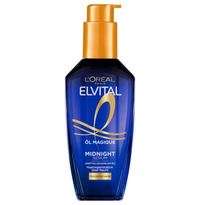 Un flacon pompe bleu et or de L'Oréal Paris Elvital Huile Magique Sérum Midnight 100 ml pour cheveux secs, montré à la verticale avec le nom du produit et les détails d'Elvital visibles sur l'étiquette avant. Dakar