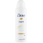 Dove Déodorant Spray Anti Transpirant Original 48H Sans Alcool 150 ml est présenté dans une bombe avec un bouchon blanc incurvé, un logo Dove bleu, une icône de colombe dorée et un texte sur le devant mettant en évidence « crème hydratante » et « protection 48h ». Dakar