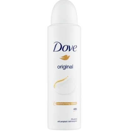 Dove Déodorant Spray Anti Transpirant Original 48H Sans Alcool 150 ml est présenté dans une bombe avec un bouchon blanc incurvé, un logo Dove bleu, une icône de colombe dorée et un texte sur le devant mettant en évidence « crème hydratante » et « protection 48h ». Dakar