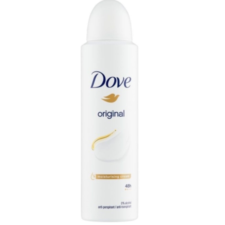 Dove Déodorant Spray Anti Transpirant Original 48H Sans Alcool 150 ml est présenté dans une bombe avec un bouchon blanc incurvé, un logo Dove bleu, une icône de colombe dorée et un texte sur le devant mettant en évidence « crème hydratante » et « protection 48h ». Dakar