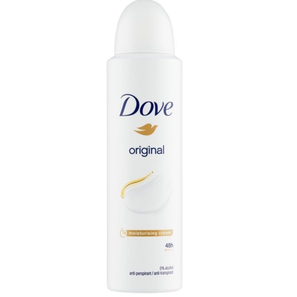 Dove Déodorant Spray Anti Transpirant Original 48H Sans Alcool 150 ml est présenté dans une bombe avec un bouchon blanc incurvé, un logo Dove bleu, une icône de colombe dorée et un texte sur le devant mettant en évidence « crème hydratante » et « protection 48h ». Dakar