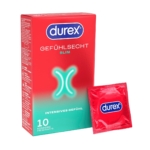 Une boîte rouge de préservatifs Durex Feeling Préservatifs Extra Fins et Extra Lubrifiés, 12 pièces, avec un logo Durex bleu, des accents vert fluo et un préservatif unique dans un emballage rouge placé à côté de la boîte. Dakar